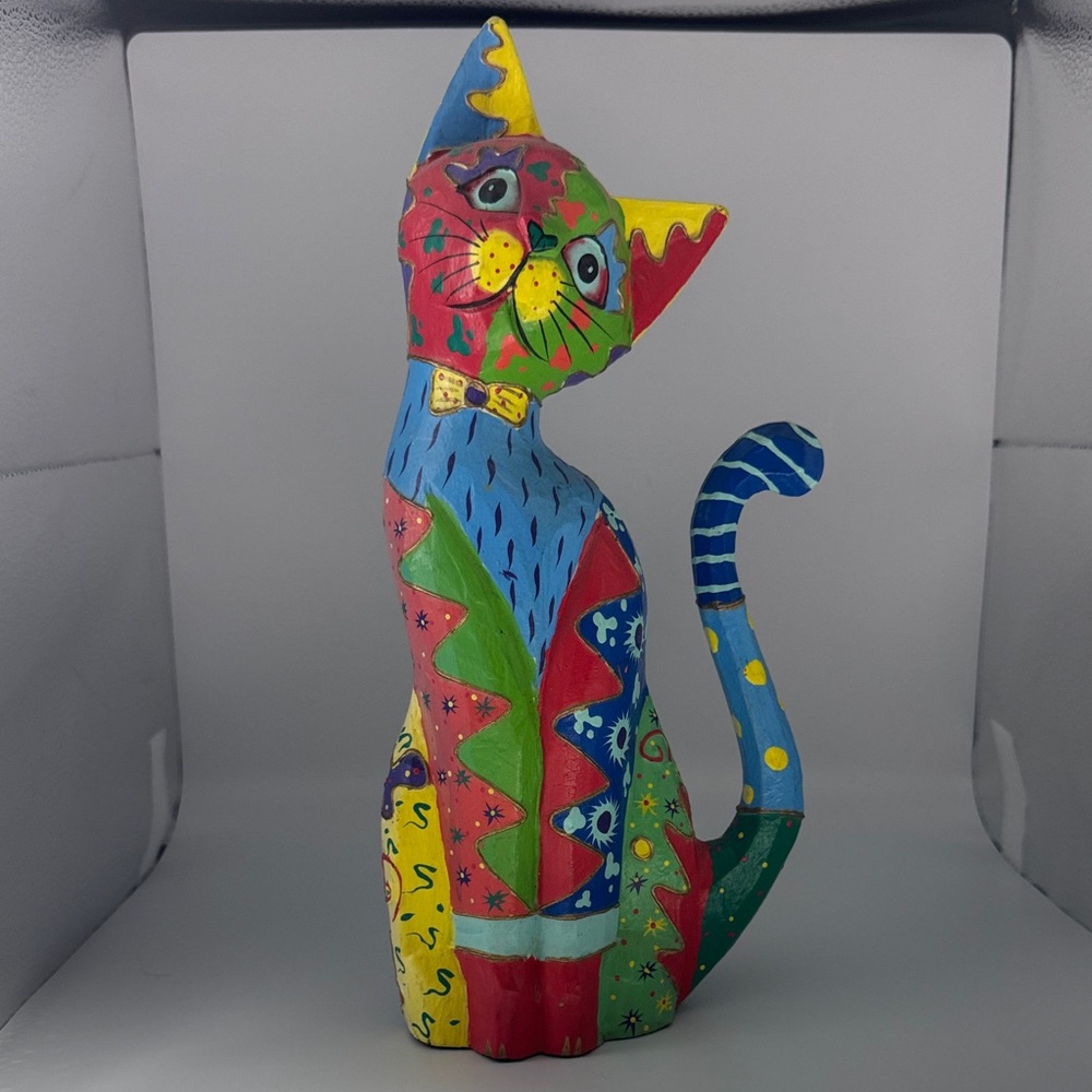 Colorful Wooden Cat Figurine - Picture 1 of 7